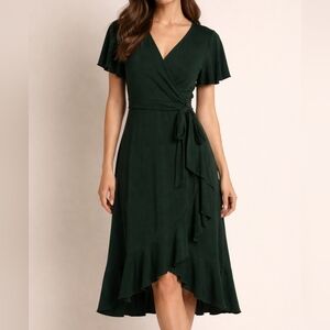 Owin Women's Dark Green Faux Wrap Midi Dress With Ruffles